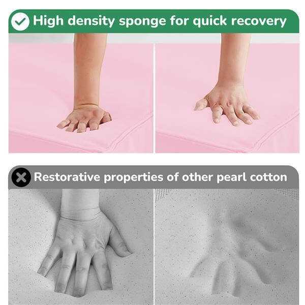Image comparing high density sponge with quick recovery and traditional pearl cotton for climbing foam playset.