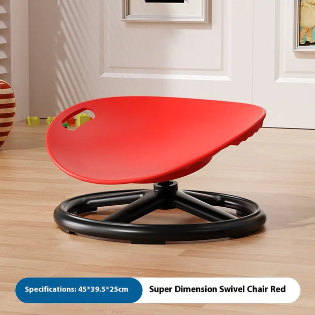 Red swivel chair with black base on a wooden floor, specifications displayed.