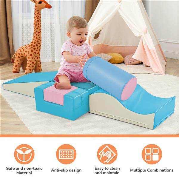 Toddlers playing on Colourful Soft Climbing Foam Playset 6-in-1, safe, non-toxic, and fun for developing motor skills.