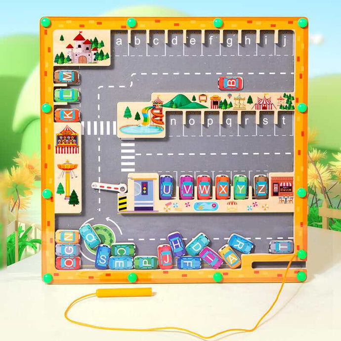 Magnetic maze Montessori toy with letters and vehicles in Parking theme for kids' learning and fine motor skill development.