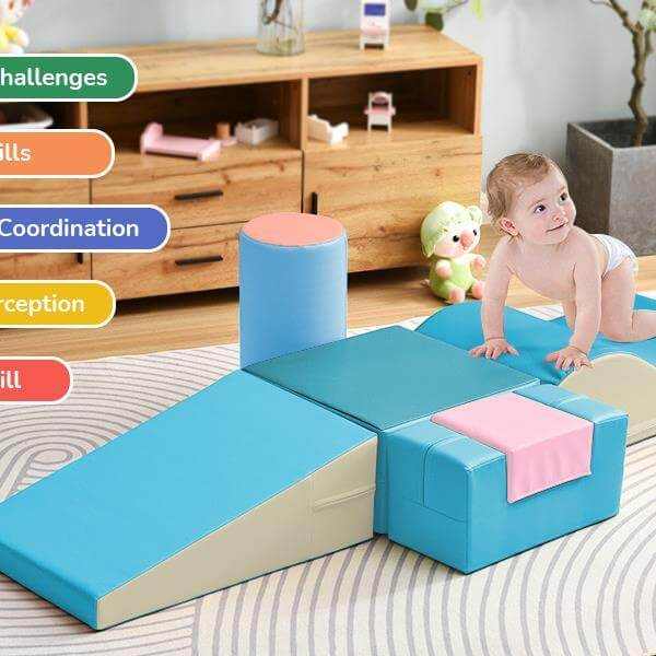 Toddler exploring the Colourful Soft Climbing Foam Playset 6-in-1, enhancing balance and coordination.