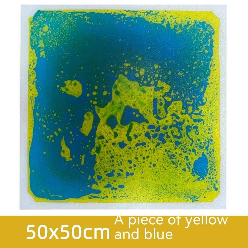 Colorful 50x50cm sensory liquid tile with dynamic yellow and blue patterns for early education.