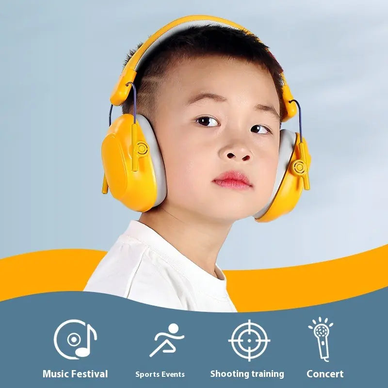 Child wearing yellow headphones with icons and text below on a light blue background
Children’s noise-reducing earmuffs for sensory calm and sound sensitivity support.
