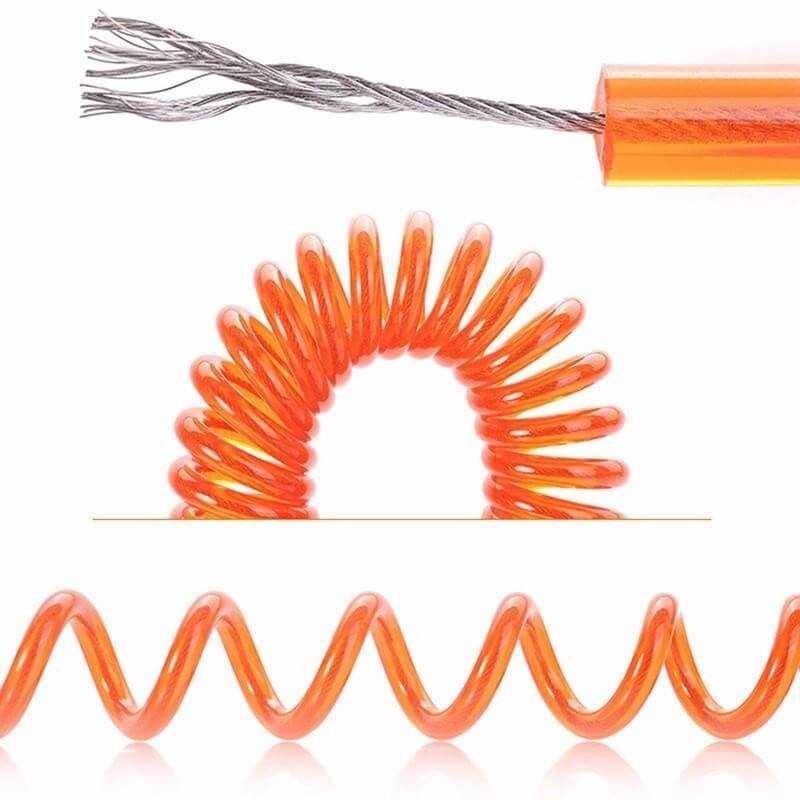 Flexible orange coiled wire with a metal core, ideal for electronics and crafting applications.