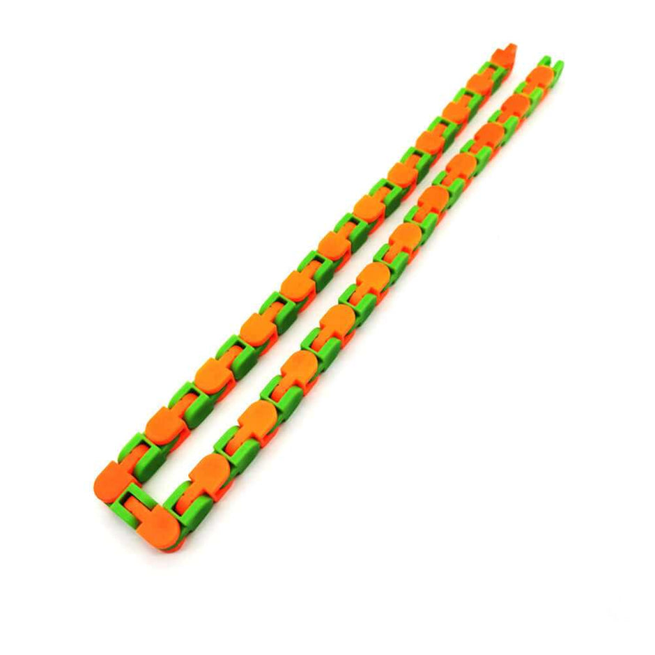 Fidget Chain toy in vibrant orange and green colors, made of high-quality plastic for stress relief and entertainment.