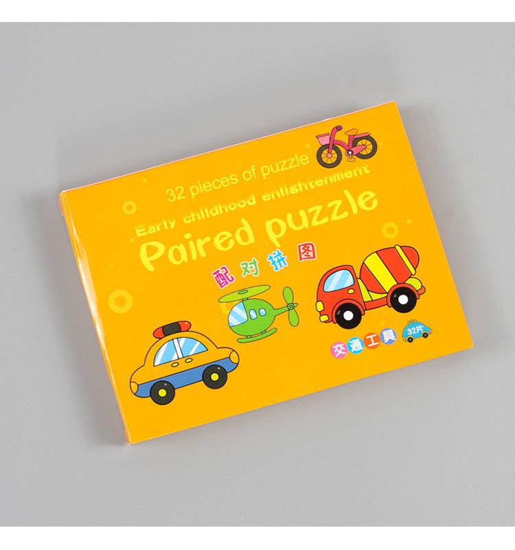 Colorful paired puzzle box for early childhood learning with cartoon vehicles and 32 pieces.