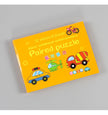 Colorful paired puzzle box for early childhood learning with cartoon vehicles and 32 pieces.