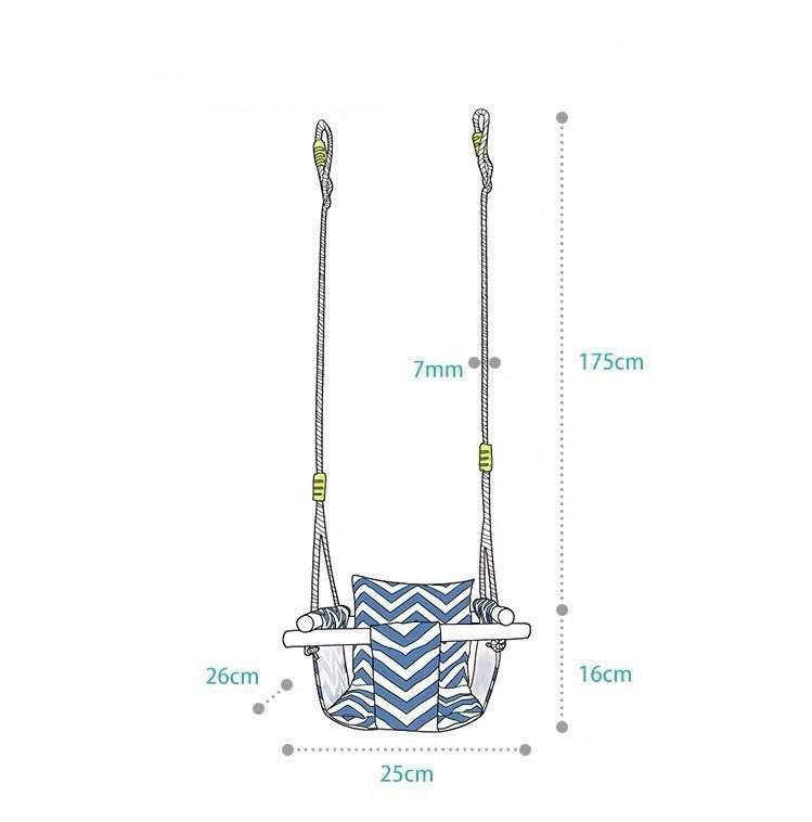 Illustration of toddler swing chair dimensions and features for safe indoor and outdoor use.
