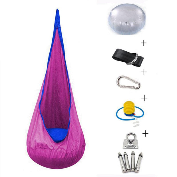 Sensory Swing Pod in pink and purple with installation accessories for comfort and relaxation.