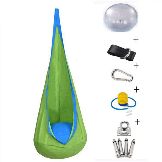 Sensory Swing Pod in green and blue with attachment kit for relaxation and sensory play.