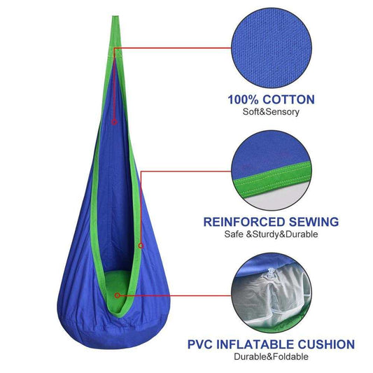Sensory Swing Pod features 100% cotton, reinforced sewing for durability, and a PVC inflatable cushion for comfort.