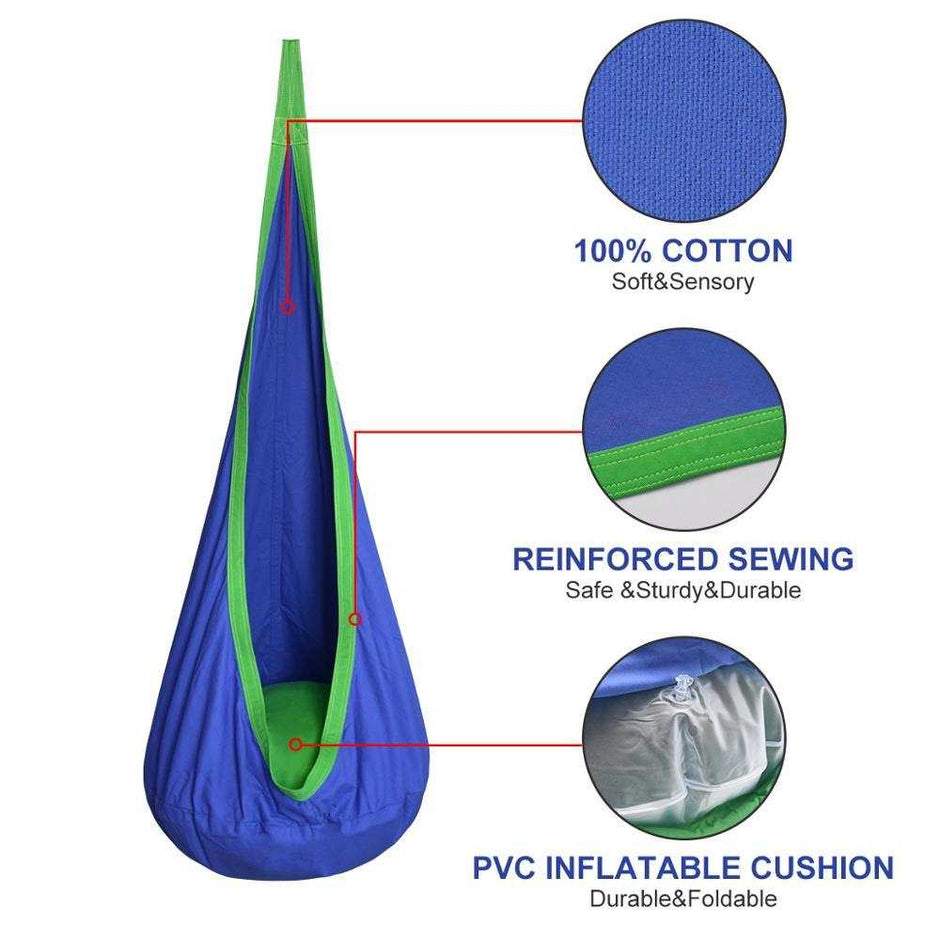 Sensory Swing Pod features 100% cotton, reinforced sewing for durability, and a PVC inflatable cushion for comfort.