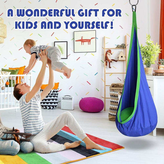 Colorful sensory swing pod in a cozy room, perfect for kids and relaxation.