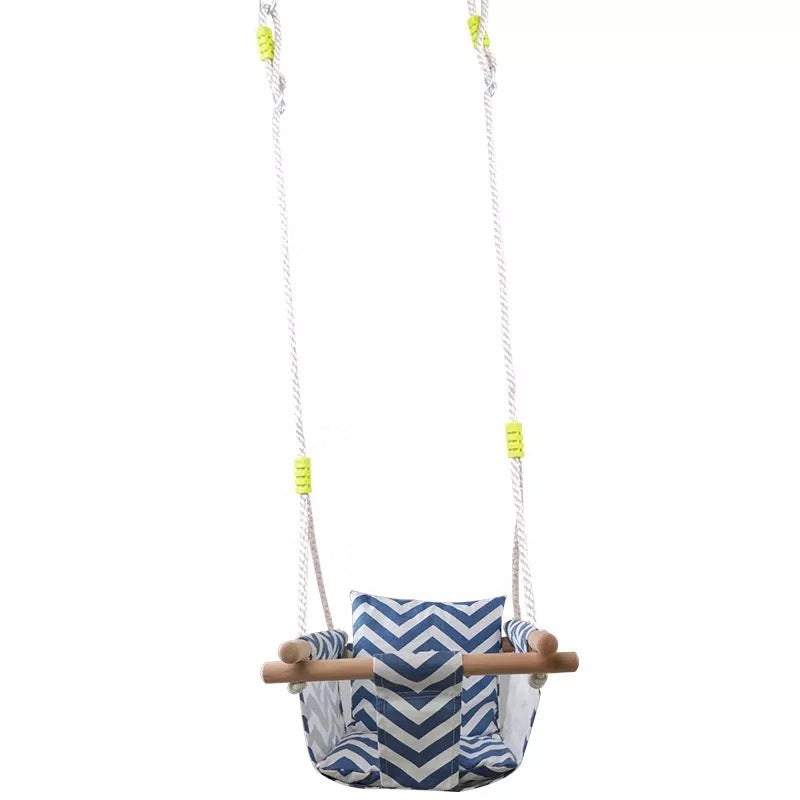 Toddler swing chair with blue chevron design, safe for indoor and outdoor use, supporting toddlers aged 6 months to 3 years.