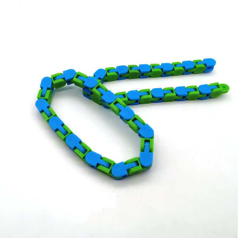 Colorful fidget chain toy in blue and green, perfect for stress relief and small enough for pockets.
