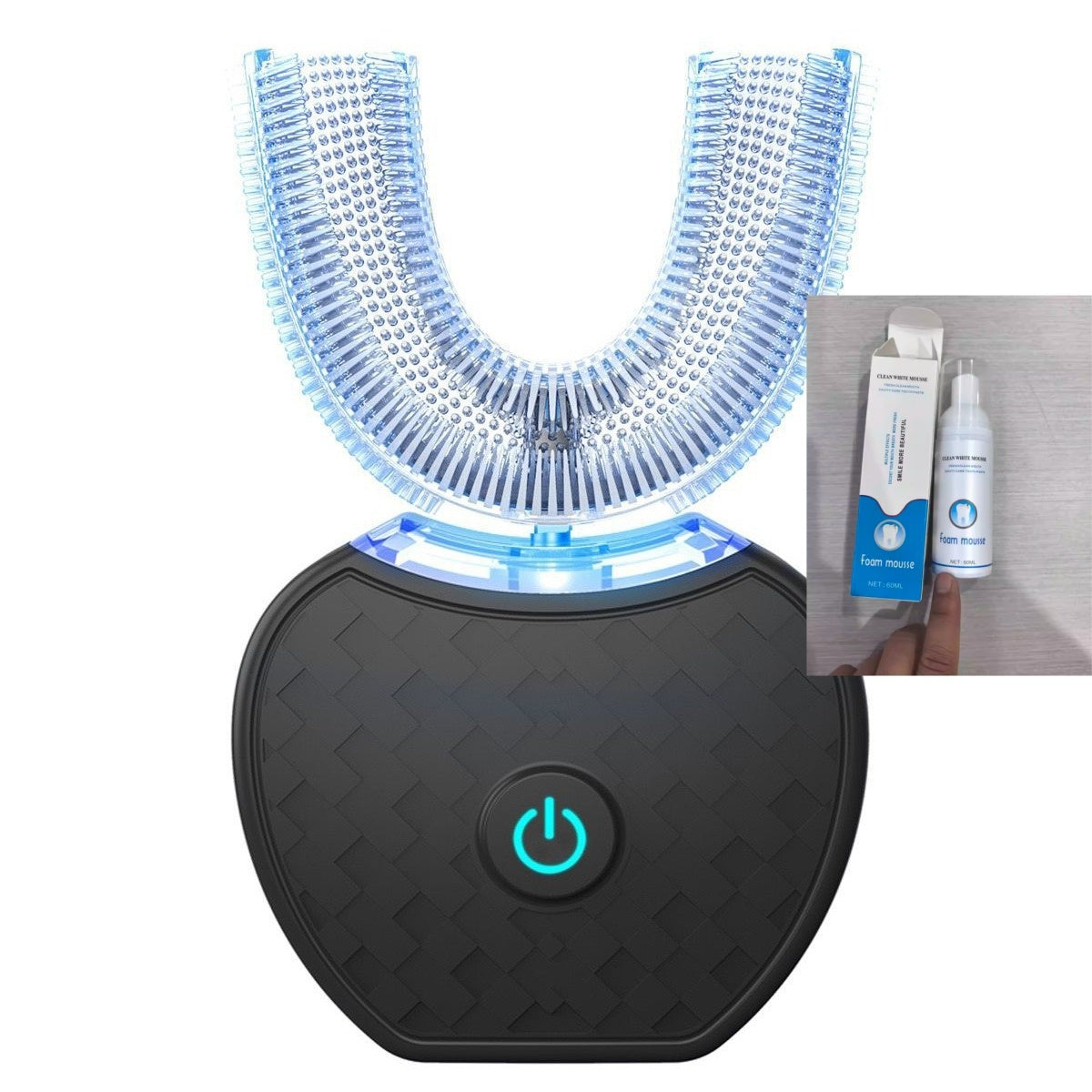 U-shaped ultrasonic electric toothbrush with foaming mousse toothpaste set for kids and adults.
