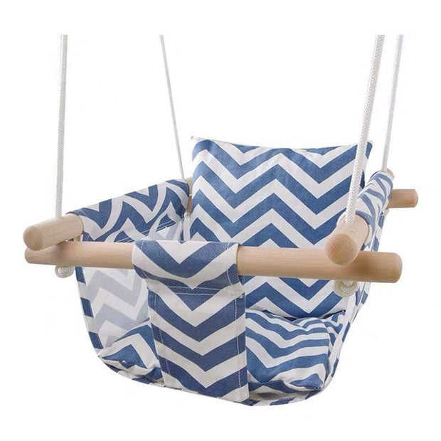 Toddler swing chair with blue chevron pattern, designed for safety and comfort for children ages 6 months to 3 years.