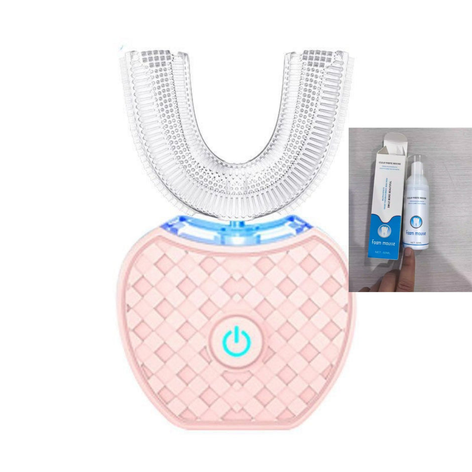 U-shaped ultrasonic electric toothbrush with foaming mousse toothpaste set for kids and adults.
