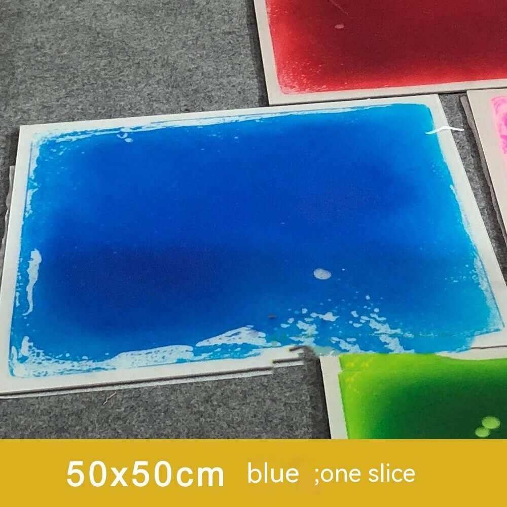 Blue sensory liquid tile, 50x50cm, designed for early education and sensory development in children.