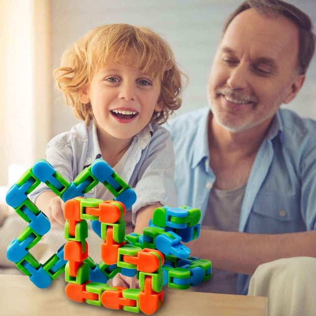 Child and adult enjoying Fidget Chain toy, showcasing colorful plastic links, promoting hands-on fun and creativity.
