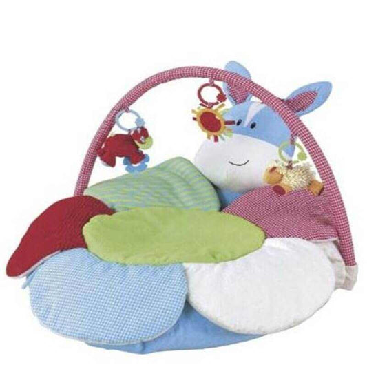 Baby inflatable play mat with soft fabric, colorful design, and hanging toys for sensory development.