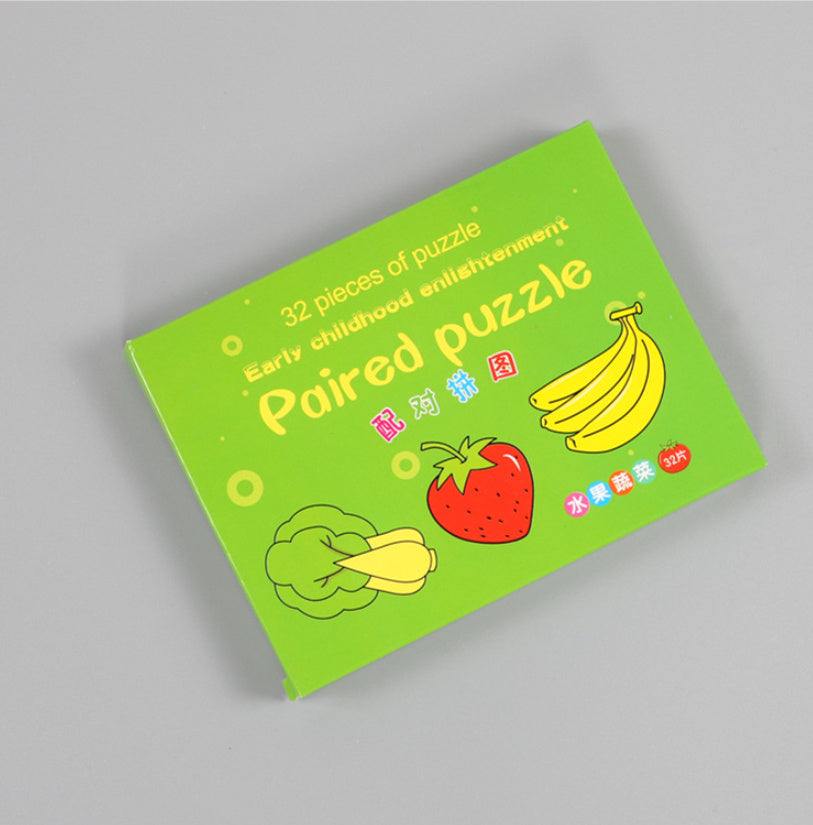 Bright green paired puzzle box with cartoon fruits for early childhood learning, 32 pieces.