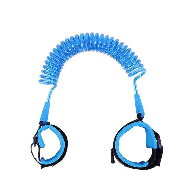 Child Safety Wristband with blue coiled strap and adjustable wrist cuffs for secure anti-lost support.