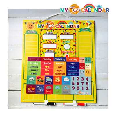 Magnetic My Daily Calendar for kids with colorful months, days, and weather elements to track daily activities.