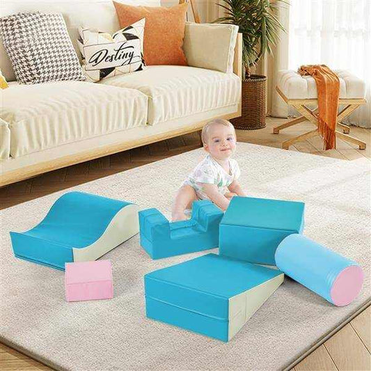 Baby playing on colourful soft climbing foam playset in a cozy living room.