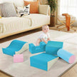 Baby playing on colourful soft climbing foam playset in a cozy living room.