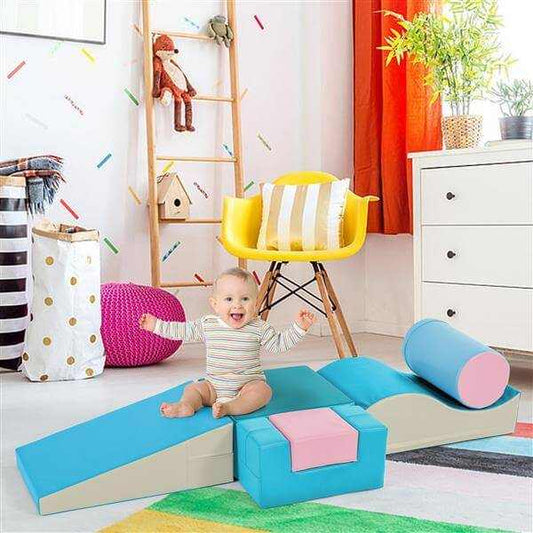 Smiling toddler playing on Colourful Soft Climbing Foam Playset in bright, playful room with vibrant decor.