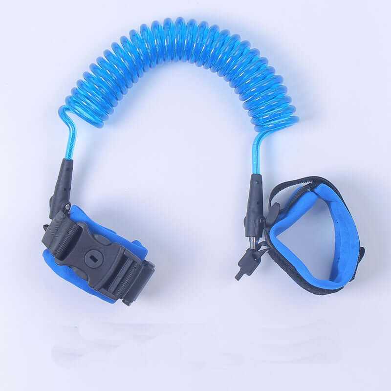 Child safety wristband with adjustable blue coiled leash for secure anti-lost comfort of kids in crowded places.