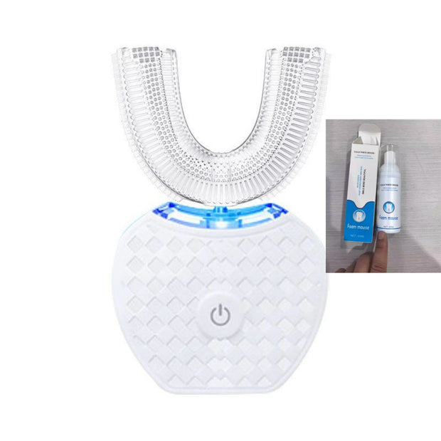 U-shaped ultrasonic electric toothbrush with foaming mousse toothpaste set for kids and adults.
