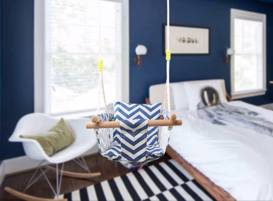 Toddler swing chair in a stylish bedroom, designed for safe indoor swinging for children 6 months to 3 years.