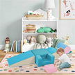 Child playing with colourful soft climbing foam playset in a vibrant playroom, enhancing active fun and coordination.