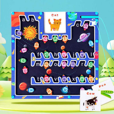 Magnetic Letter Maze Montessori toy featuring Parking and Space themes for letter recognition and motor skill development.