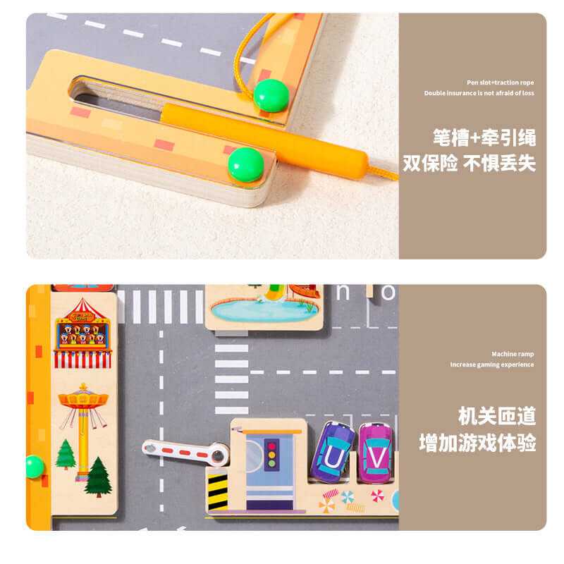 Magnetic Maze Montessori toy featuring parking and space themes, aiding letter recognition and fine motor skills.