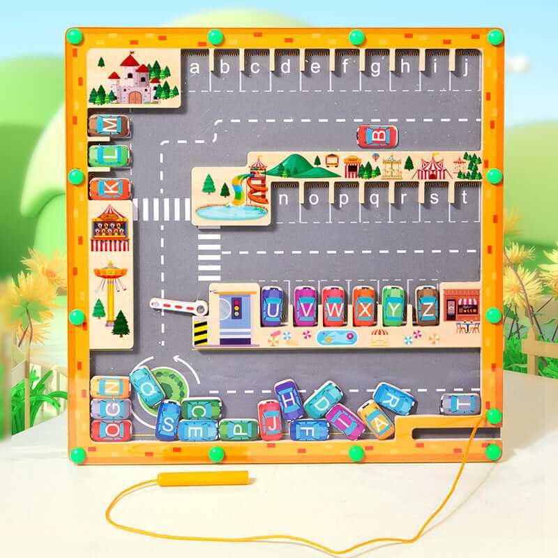 Magnetic maze Montessori toy with letters and vehicles in Parking theme for kids' learning and fine motor skill development.