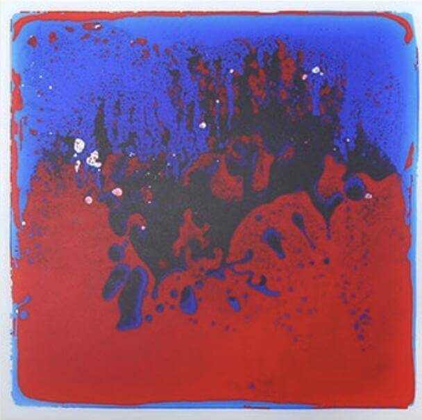 Colorful abstract art featuring swirling patterns of red, blue, and black, reminiscent of liquid movement.