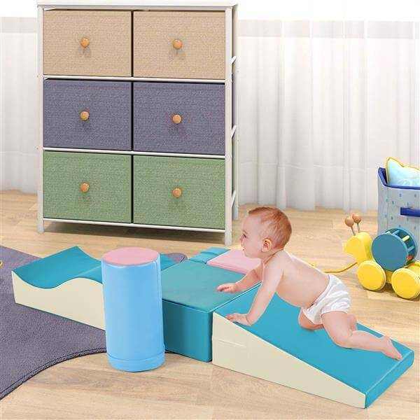 Toddler exploring the Colourful Soft Climbing Foam Playset 6-in-1 in a bright playroom setting.
