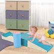 Toddler exploring the Colourful Soft Climbing Foam Playset 6-in-1 in a bright playroom setting.