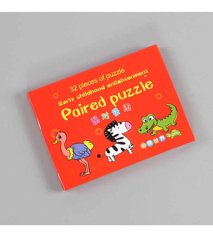 Colorful paired puzzle box for early childhood learning, featuring cartoon animals, 32 pieces for cognitive play.