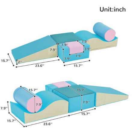 Dimensions of the 6-in-1 Colourful Soft Climbing Foam Playset for toddlers, showcasing various foam shapes and sizes.