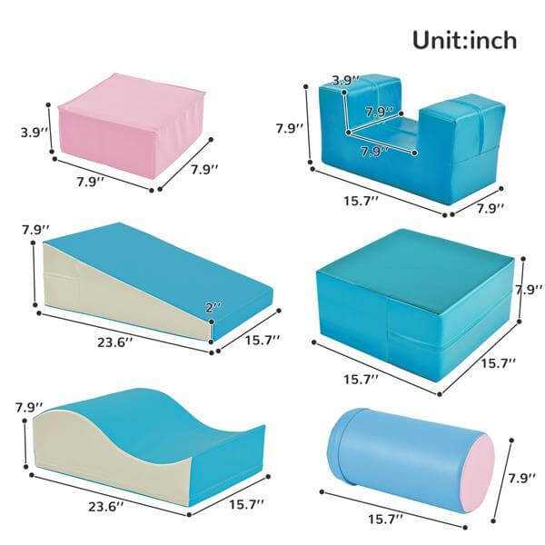 Colourful Soft Climbing Foam Playset 6-in-1 with dimensions for toddlers' play and development.