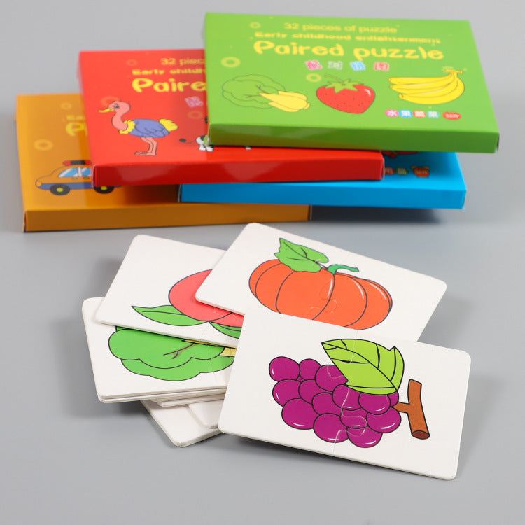 Bright cartoon educational matching puzzles for kids featuring fruits and animals, designed for early learning and fun play.