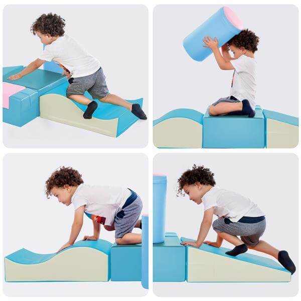 Child playing on Colourful Soft Climbing Foam Playset 6-in-1, developing coordination and balance.