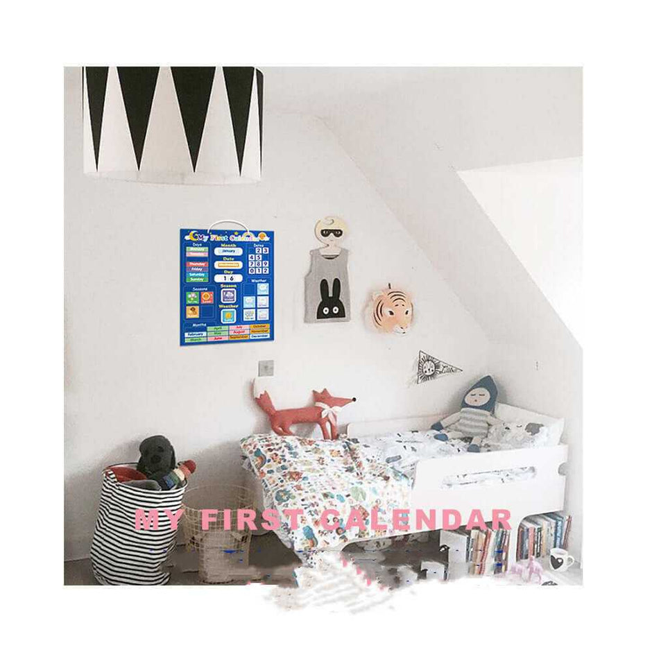 Colorful children's bedroom featuring the Magnetic My Daily Calendar for interactive learning.
