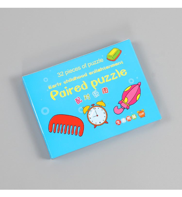 Cartoon-themed early childhood paired puzzle box with colorful illustrations for fun learning.